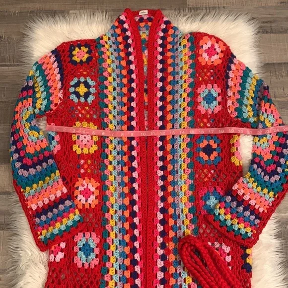 Retro Granny Square Colorful Crochet Long Fringe Cardigan - Picture 12 of 12